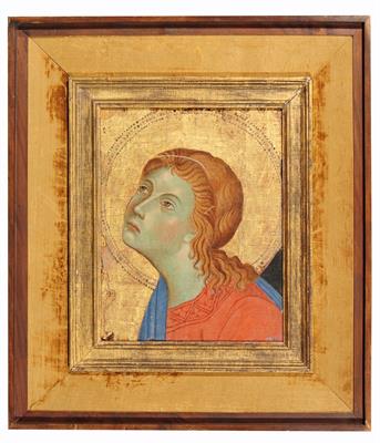 Lot 210 - AN EARLY ITALIAN PANEL painted head of a female saint in the manner of Duccio (Sienna c.1260-1318)