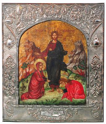 Lot 324 - A 20TH CENTURY GREEK ICON painted with standing figure of Christ with worshippers at his feet