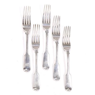 Lot 288 - Set of five fiddle pattern silver dinner forks (monogrammed)