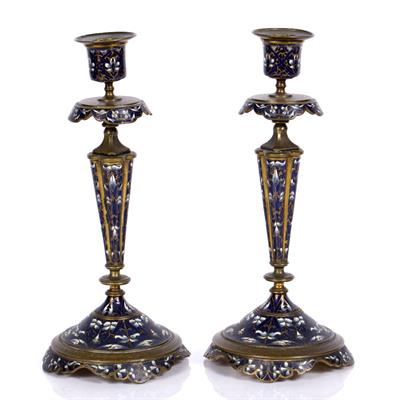 Lot 341 - Pair of continental enamelled candlesticks