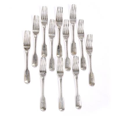 Lot 344 - Set of twelve fiddle pattern silver dessert forks