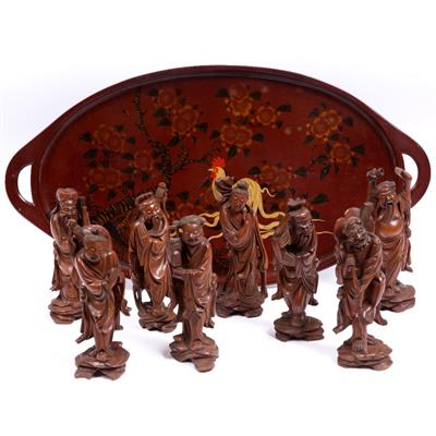 Lot 443 - Set of eight Chinese carved wood model Immortals
