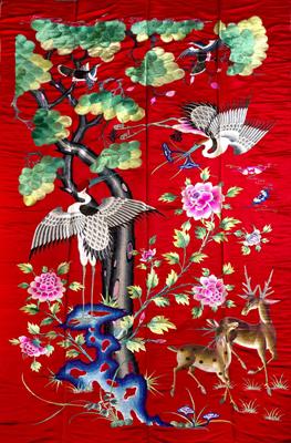 Lot 444 - Large Chinese red ground silk panel