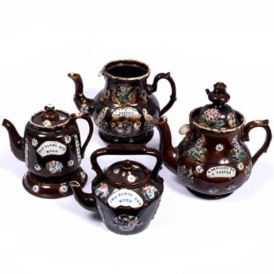 Lot 478 - Four Victorian Bargeware teapots