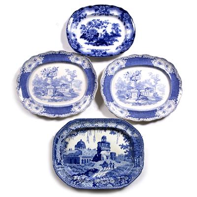 Lot 573 - Pair of large blue and white pottery turkey platters