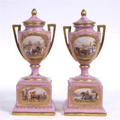 Lot 593 - Pair of continental small porcelain urns and covers