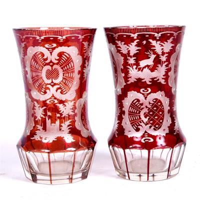 Lot 597 - Pair of Bohemian red flash glass beakers