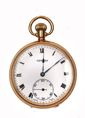 Lot 6 - A 9 CARAT GOLD CASED VERTEX ENGLISH MADE POCKET WATCH with enamelled dial with Roman numerals and