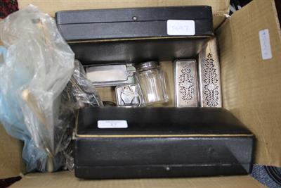 Lot 27 - A THREE PIECE SILVER CONDIMENT SET and other items to include silver plate lidded glass boxes