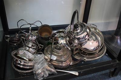 Lot 28 - A LARGE QUANTITY OF SILVER PLATED ITEMS to include a silver plated spirit kettle on stand with ebony