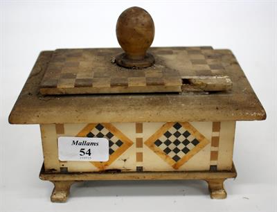 Lot 54 - A LATE 19TH/EARLY 20TH CENTURY ALABASTER LIDDED BOX with turned knob handle and parquetry decoration