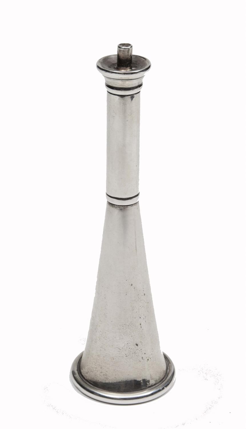 Lot 60 - A VICTORIAN SILVER TABLE CIGAR LIGHTER in the form of a hunting horn with marks for London 1897 and