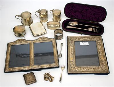 Lot 86 - TWO SILVER MOUNTED PHOTOGRAPH FRAMES together with further silver items to include mustard pots a