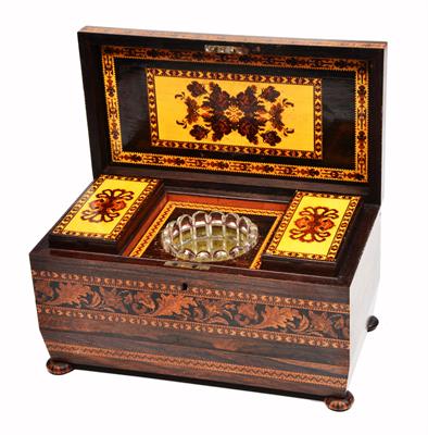 Lot 110 - A VICTORIAN ROSEWOOD AND PARQUETRY DECORATED TEA CADDY