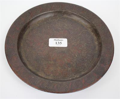 Lot 135 - A LATE 19TH/EARLY 20TH CENTURY INDIAN HARDWOOD DISH having geometric brass inlaid decoration
