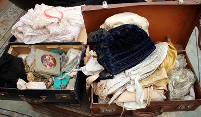 Lot 150 - A COLLECTION OF 19TH CENTURY LADIES CLOTHING in fabric to include a blue velvet bonnet
