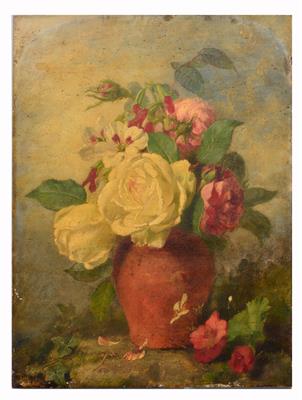 Lot 154 - AN EARLY 19TH CENTURY STILL LIFE OF ROSES with terracotta vase