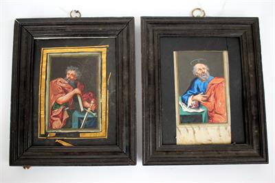 Lot 156 - A PAIR OF ANTIQUE GOUACHE PORTRAITS OF ST JOHN AND ST PETER