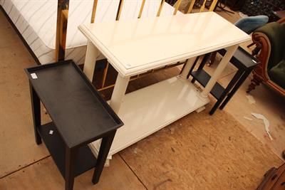 Lot 160 - A MODERN WHITE PAINTED TWO TIER CONSOLE TABLE with column supports and square feet