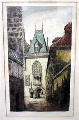 Lot 162 - TWO LATE 19TH CENTURY CONTINENTAL SCHOOL HAND COLOURED ETCHINGS depicting Northern European street