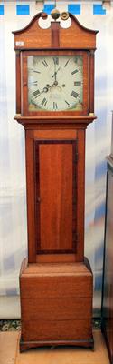 Lot 169 - AN EARLY 19TH CENTURY EIGHT DAY OAK  LONG CASE CLOCK with swan neck pediment