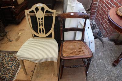 Lot 176 - A LATE 19TH CENTURY CREAM PAINTED SHIELD BACK DINING CHAIR with upholstered seat and square tapering