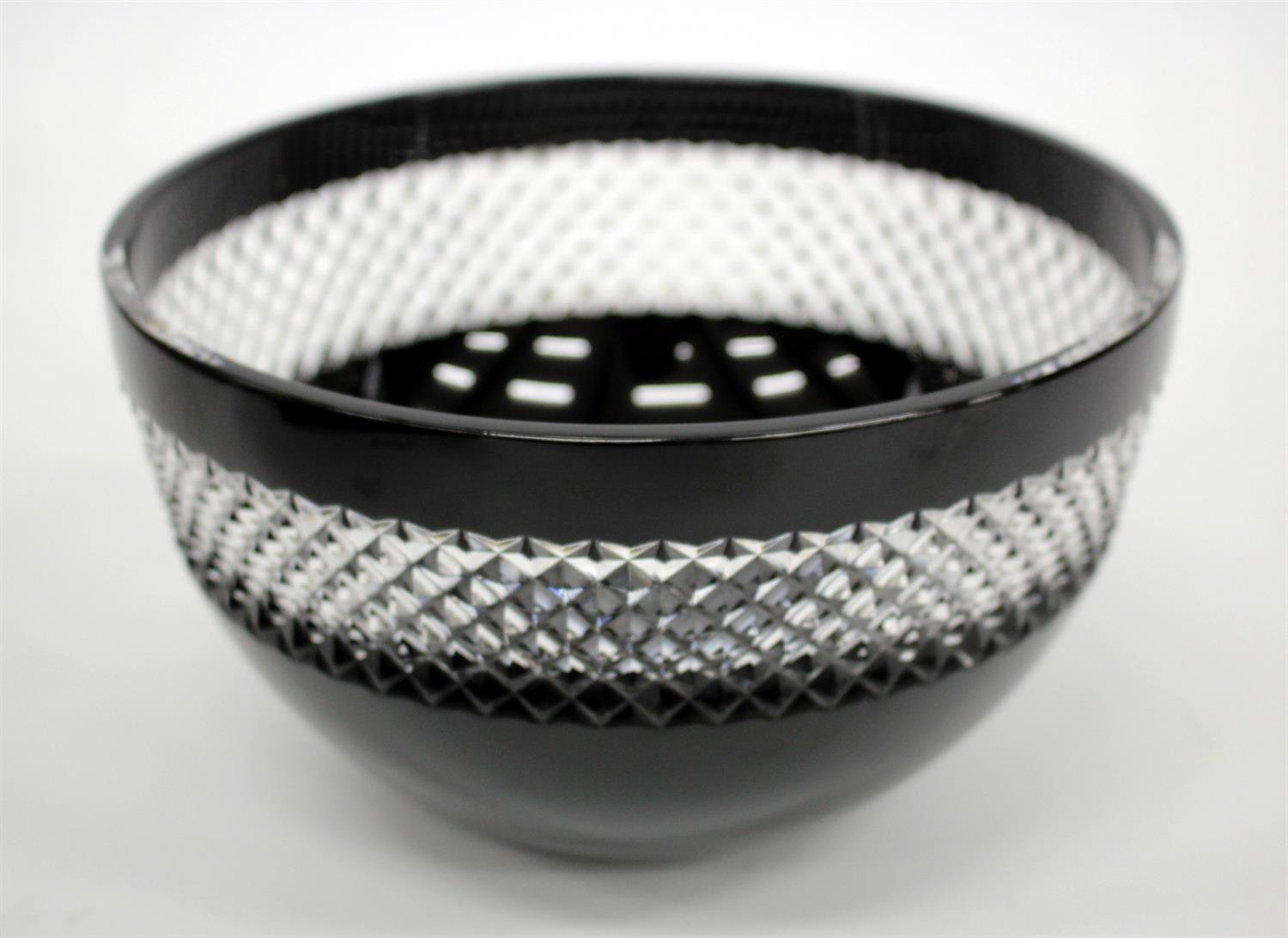 Lot 186 - A JOHN ROCHA FOR WATERFORD BLACK GLASS BOWL with a band of hobnail cut decoration