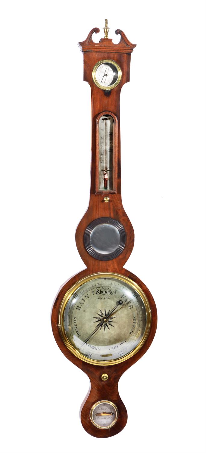 Lot 200 - A 19TH CENTURY MAHOGANY DIAL BAROMETER with swan neck pediment and silvered dial to the hydrometer