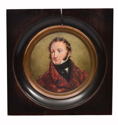 Lot 243 - A GEORGE IV PERIOD PORTRAIT MINIATURE of a gentleman wearing a red coat 9.5cm diameter