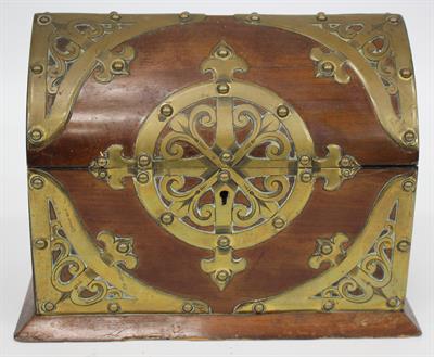 Lot 245 - A VICTORIAN MAHOGANY GOTHIC REVIVAL STYLE BRASS BOUND CORRESPONDENCE CASKET with pierced studded