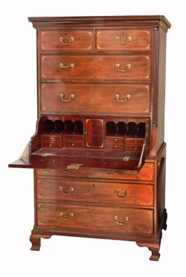 Lot 248 - A GEORGE III MAHOGANY SECRETAIRE CHEST ON CHEST with dog tooth decoration to the cornice