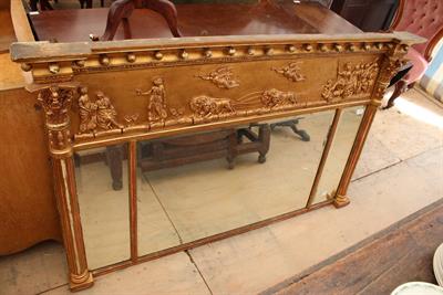 Lot 249 - A GILT OVERMANTLE MIRROR with frieze depicting a Classical chariot drawn by lions