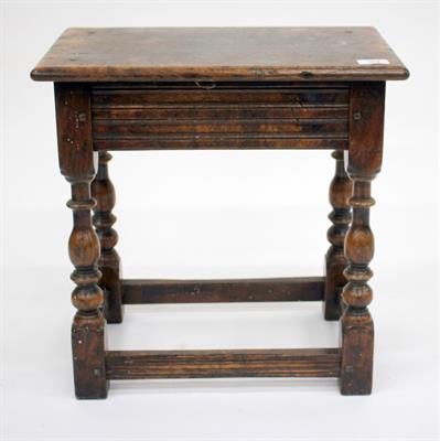 Lot 254 - A 17TH CENTURY STYLE OAK JOINT STOOL of pegged construction standing on turned legs united by