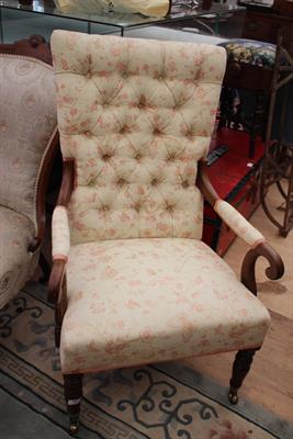 Lot 258 - A VICTORIAN MAHOGANY FRAMED BUTTON UPHOLSTERED OPEN ARMCHAIR with folding arms