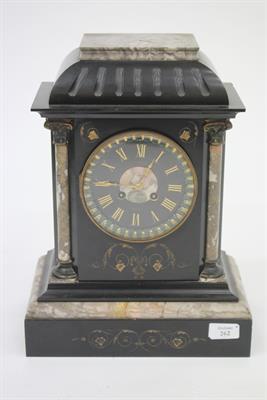 Lot 262 - A 19TH CENTURY FRENCH POLISHED SLATE AND VARIEGATED MARBLE LIBRARY CLOCK