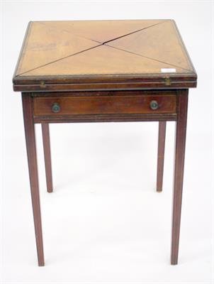 Lot 263 - AN EDWARDIAN MAHOGANY SQUARE ENVELOPE CARD TABLE with inlaid decoration