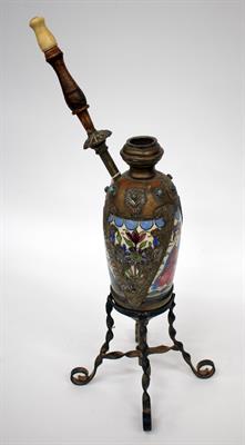 Lot 266 - A LATE 19TH/EARLY 20TH CENTURY MIDDLE EASTERN POTTERY BRASS BOUND HOOKAH PIPE BASE with a turned