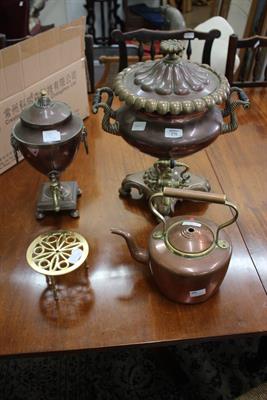 Lot 270 - A 19TH CENTURY COPPER AND BRASS SAMOVAR with carrying handles to the side 36cm wide together with a