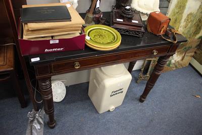 Lot 274 - A VICTORIAN BLACK MARBLE TOPPED MAHOGANY SIDE TABLE with brass stringing to the single frieze drawer