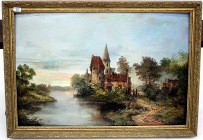 Lot 276 - A DECORATIVE OIL PAINTING on board of a French Chateau by a river