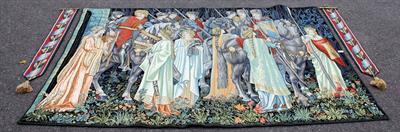 Lot 286 - A MODERN MACHINE MADE TAPESTRY DEPICTING MEDIEVAL KNIGHTS on horseback and maidens with garlands of