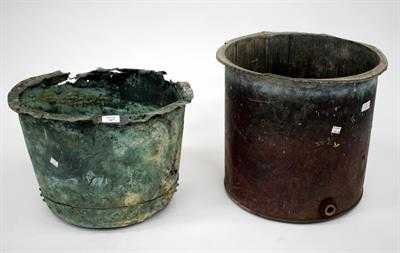 Lot 287 - AN OLD COPPER 45CM diameter (AF) together with a cylindrical copper water tank 42cm diameter x 40cm