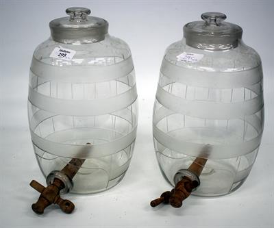 Lot 295 - A PAIR OF LATE VICTORIAN OR EDWARDIAN GLASS SPIRIT BARRELS with bands of etched decoration