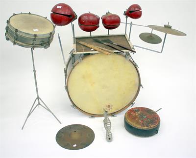 Lot 298 - AN OLD DRUM KIT the base drum67cm diameter together with a snare drum on tripod