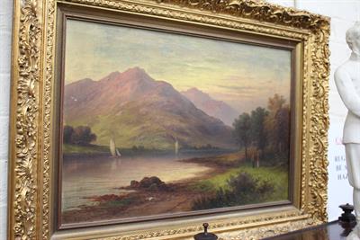 Lot 316 - V. RABYAT (EARLY 20TH CENTURY SCHOOL) MOUNTAIN LANDSCAPE with sailing boats on a loch in the