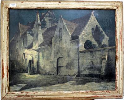 Lot 317 - A MID 20TH CENTURY SCHOOL LITHOGRAPH depicting a gabled stone building at night