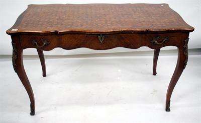 Lot 318 - A FRENCH WALNUT SERPENTINE TOPPED RECTANGULAR CENTRE TABLE with parquetry inlaid decoration to the