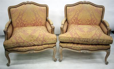 Lot 319 - A PAIR OF LINED BEECH UPHOLSTERED ARMCHAIRS with cabriole front legs 53cm wide