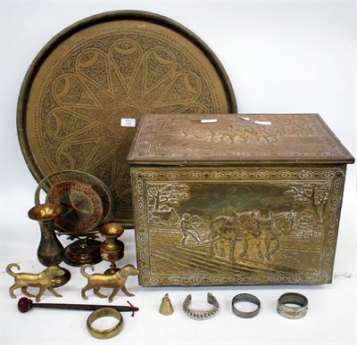 Lot 326 - AN OLD CIRCULAR BRASS TRAY COAL BOX plus further brass items