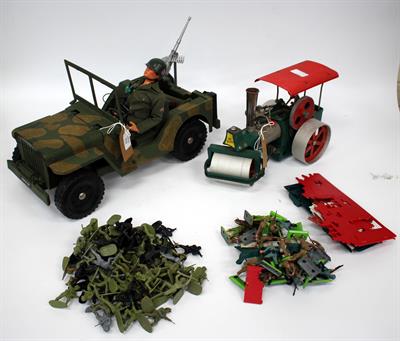 Lot 331 - A COLLECTION OF TOYS to include a military Action Man and a western German made 'Old Smokey' steam